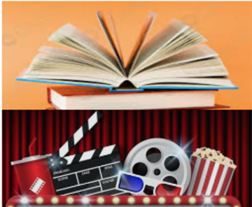 Image of stacked books on top of movie reels, video start button